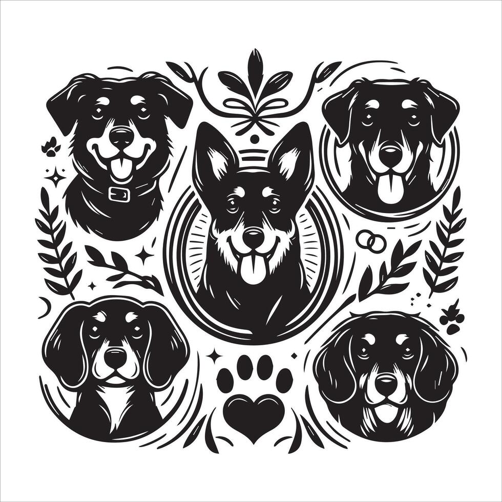 Print A collage of a dog a plant in an illustrated frame risograph silhouette white background vector