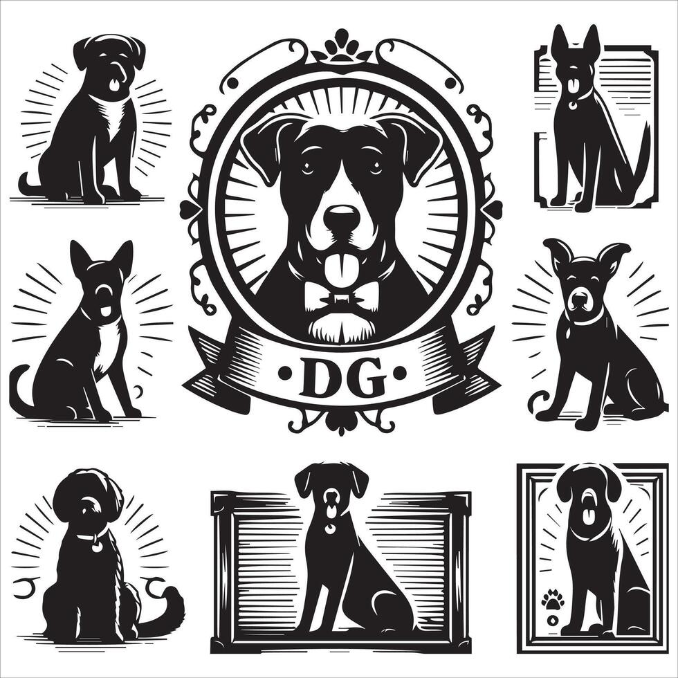 Print A collage of a dog a plant in an illustrated frame risograph silhouette white background vector