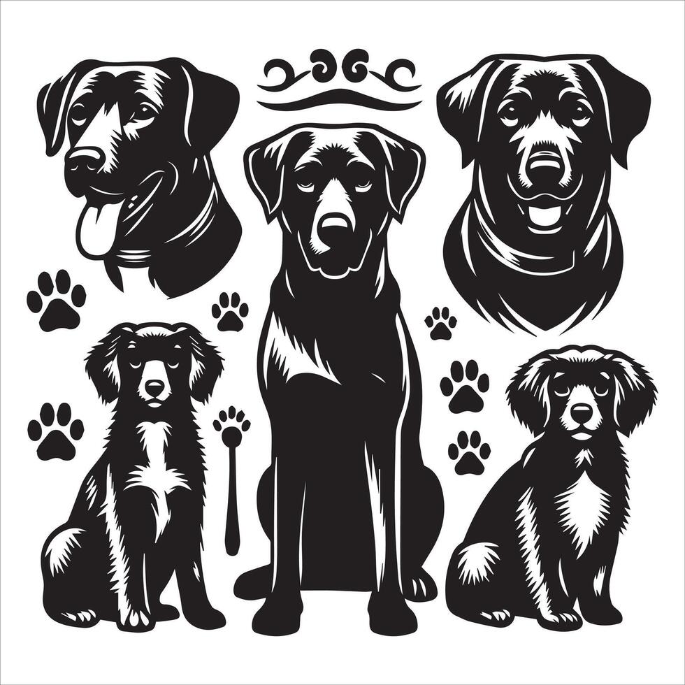 Print A collage of a dog a plant in an illustrated frame risograph silhouette white background vector