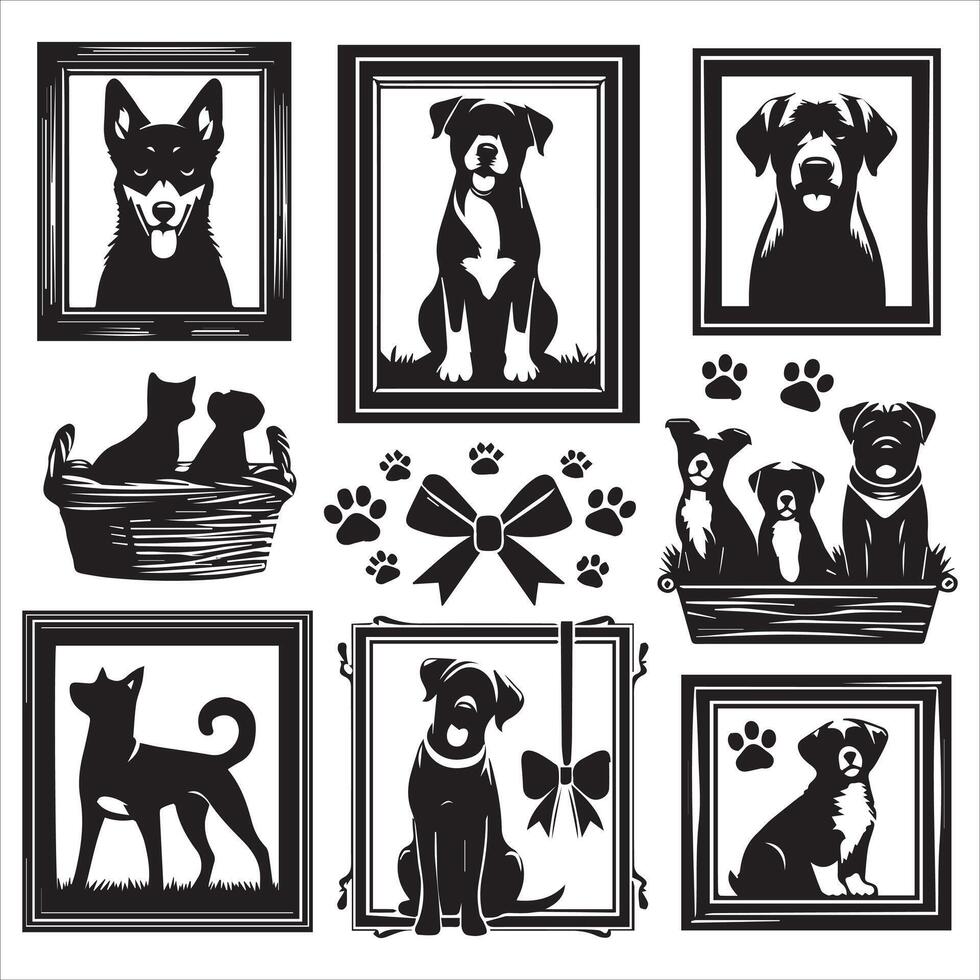 Print A collage of a dog a plant in an illustrated frame risograph silhouette white background vector