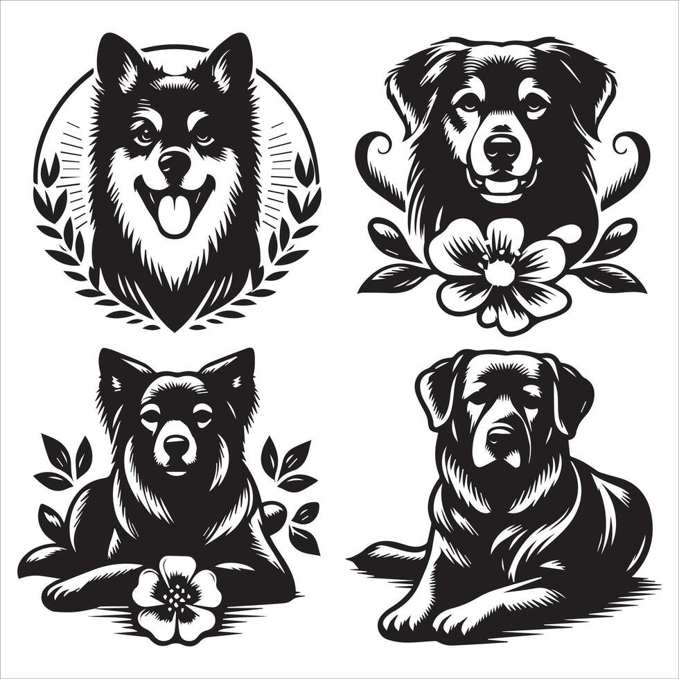 Print A collage of a dog a plant in an illustrated frame risograph silhouette white background vector