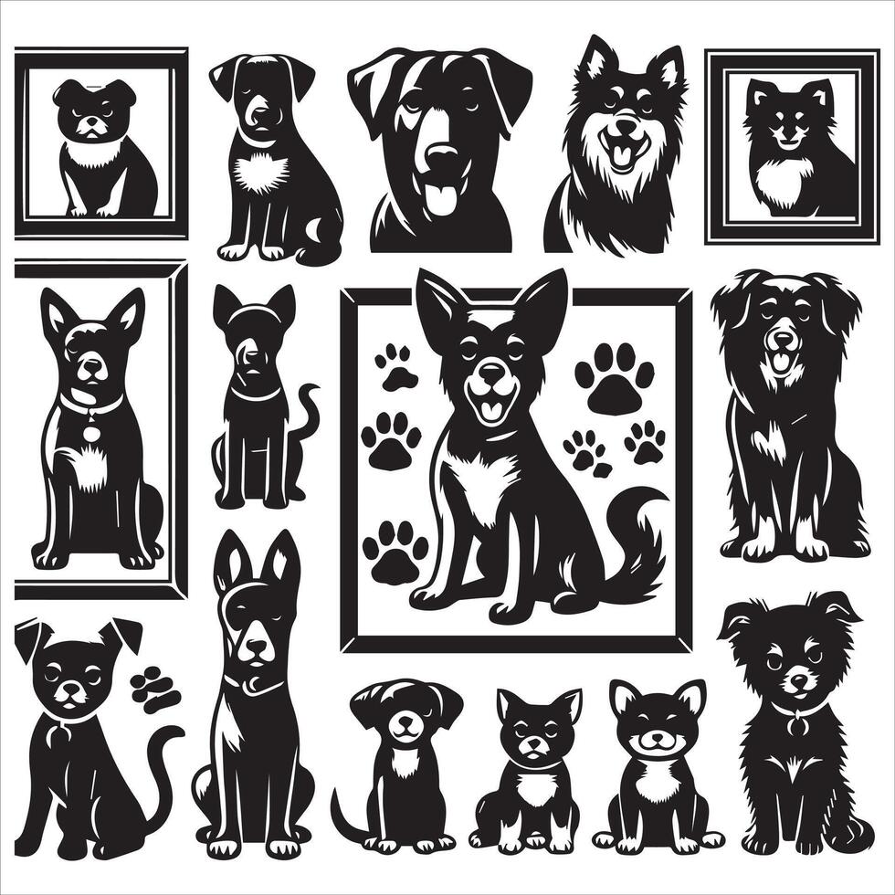 Print A collage of a dog a plant in an illustrated frame risograph silhouette white background vector