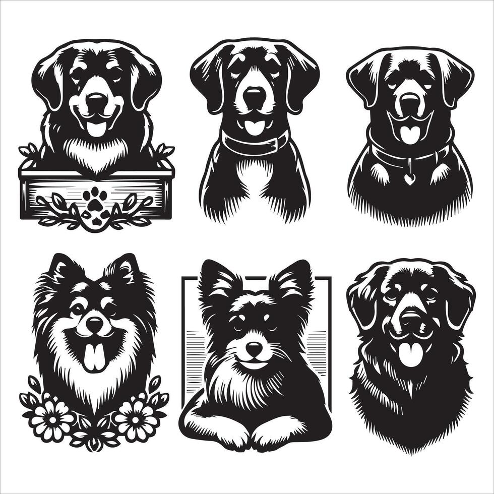 Print A collage of a dog a plant in an illustrated frame risograph silhouette white background vector