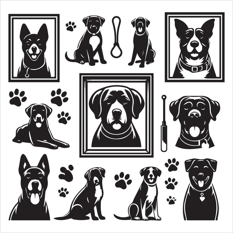 Print A collage of a dog a plant in an illustrated frame risograph silhouette white background vector