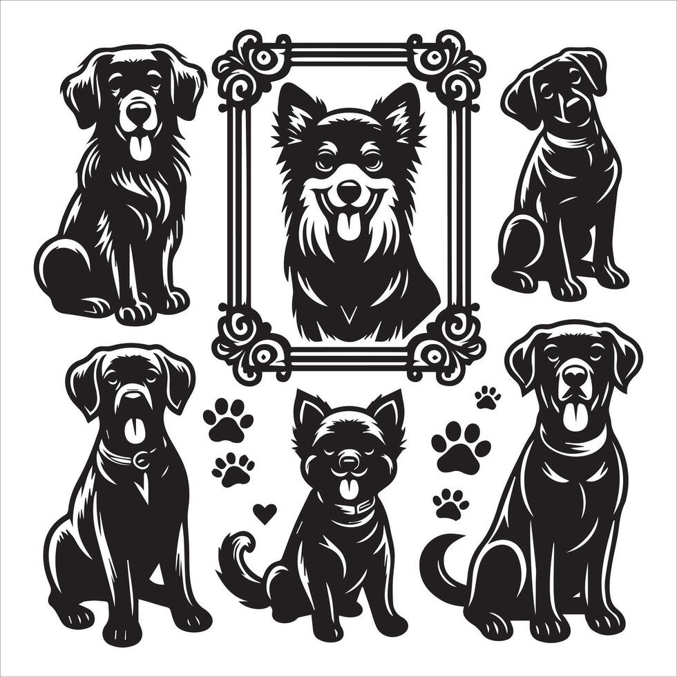 Print A collage of a dog a plant in an illustrated frame risograph silhouette white background vector