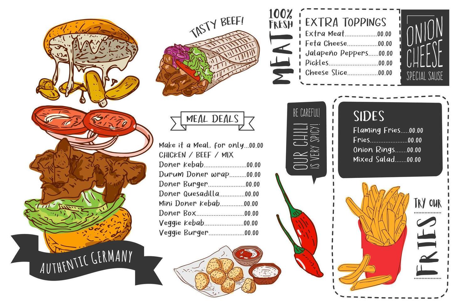 German Doner Kebab restaurant cafe poster, menu template design. vector