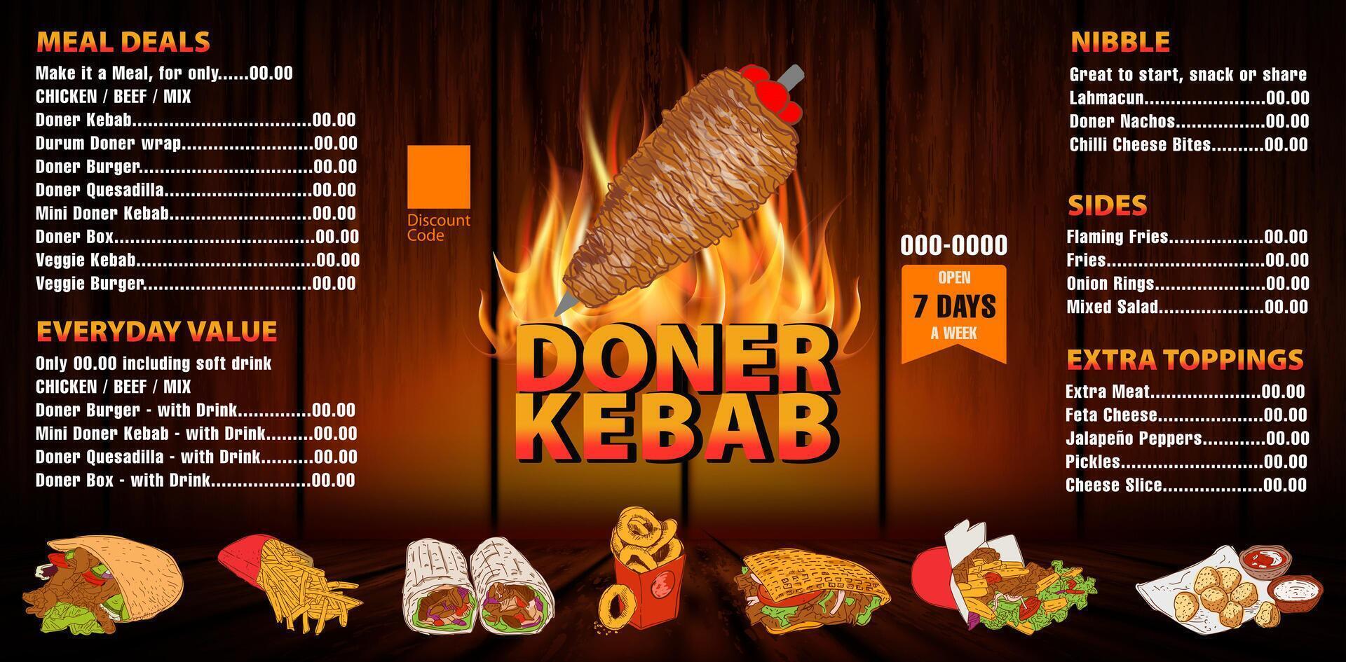 Placemat menu restaurant Doner Kebab brochure. vector