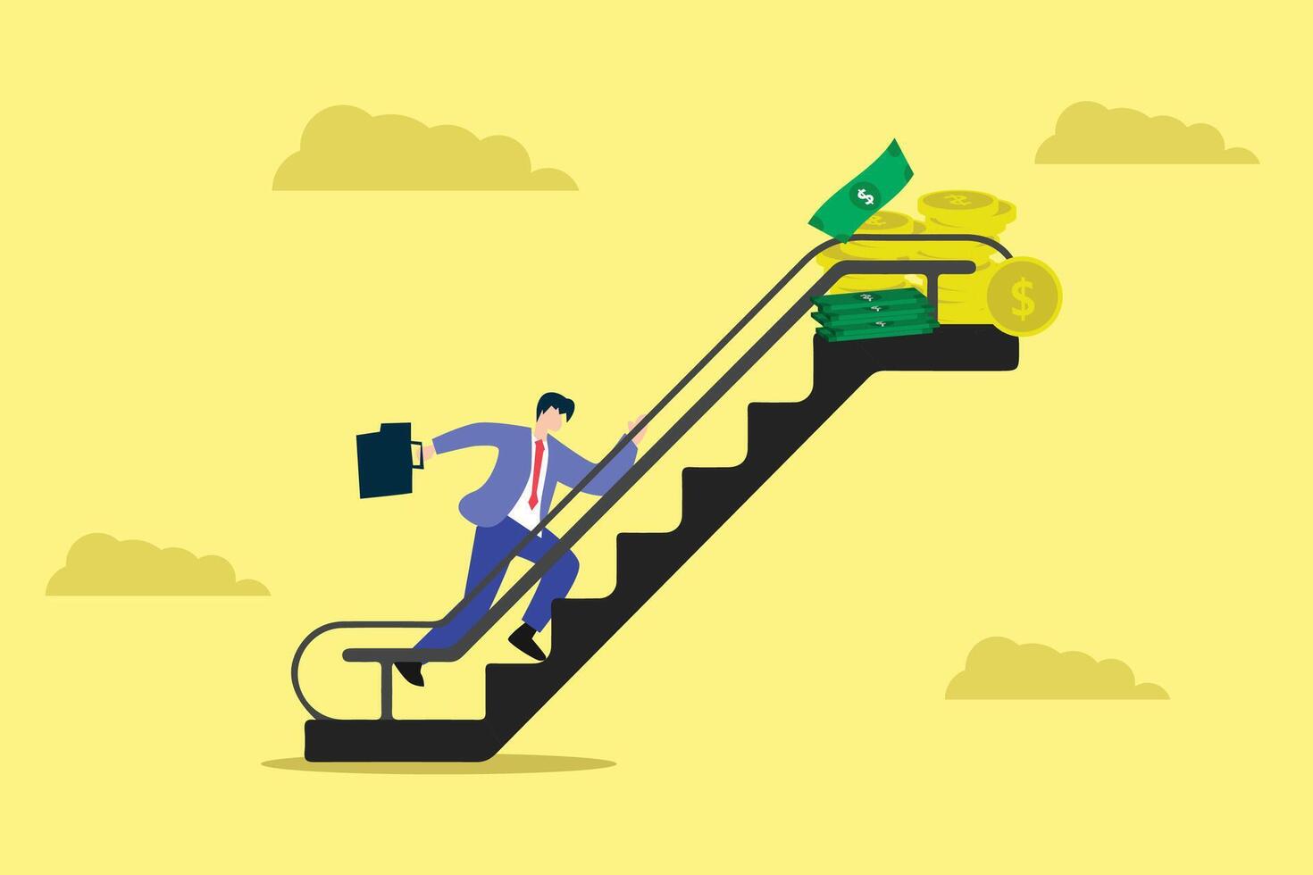businessman trying to run up the ladder of success and achieve money and income. flat illustration vector