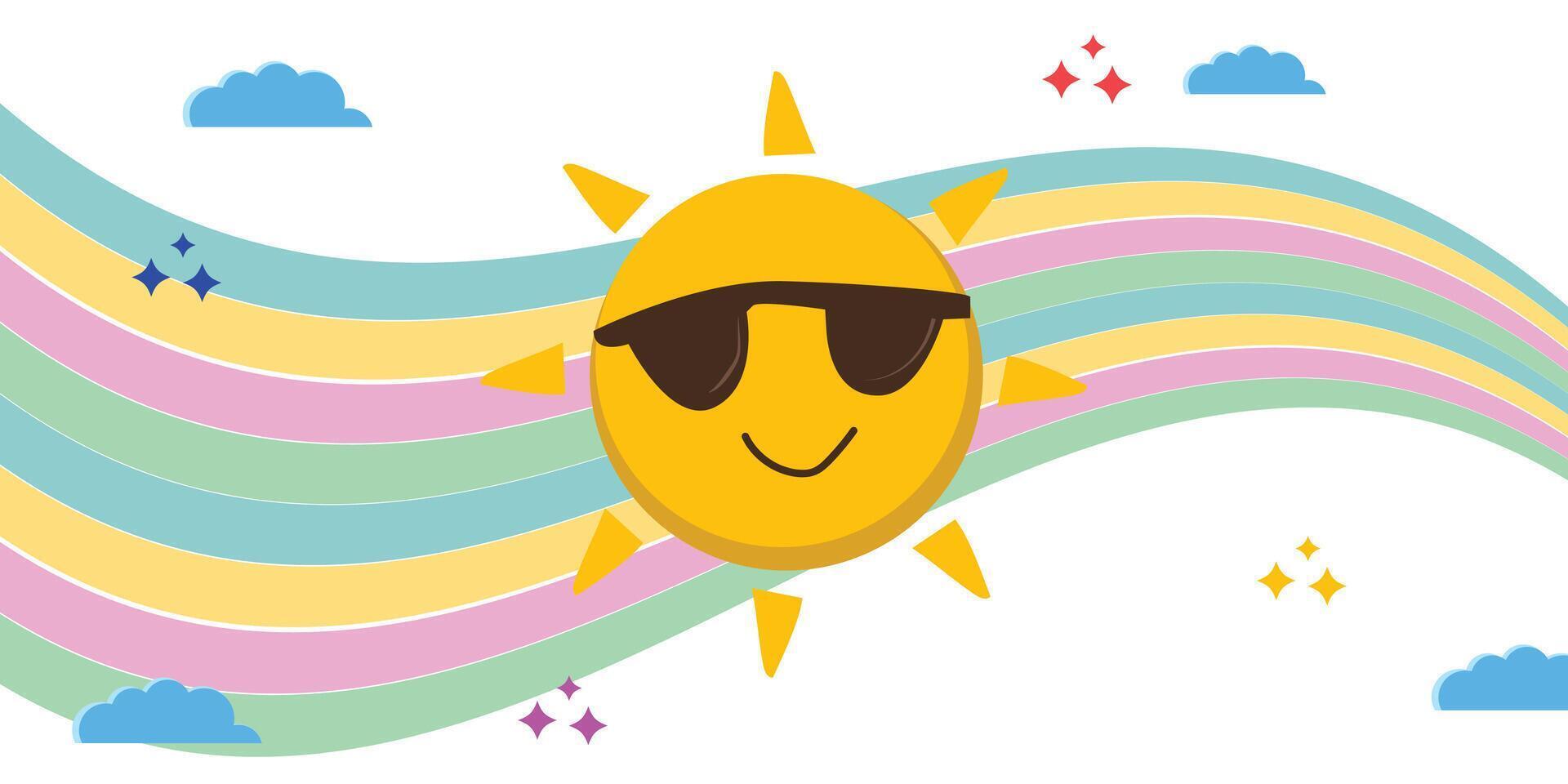 cute sun face with glasses and smiling. Beautiful rainbow background in the morning, children's illustration for education vector