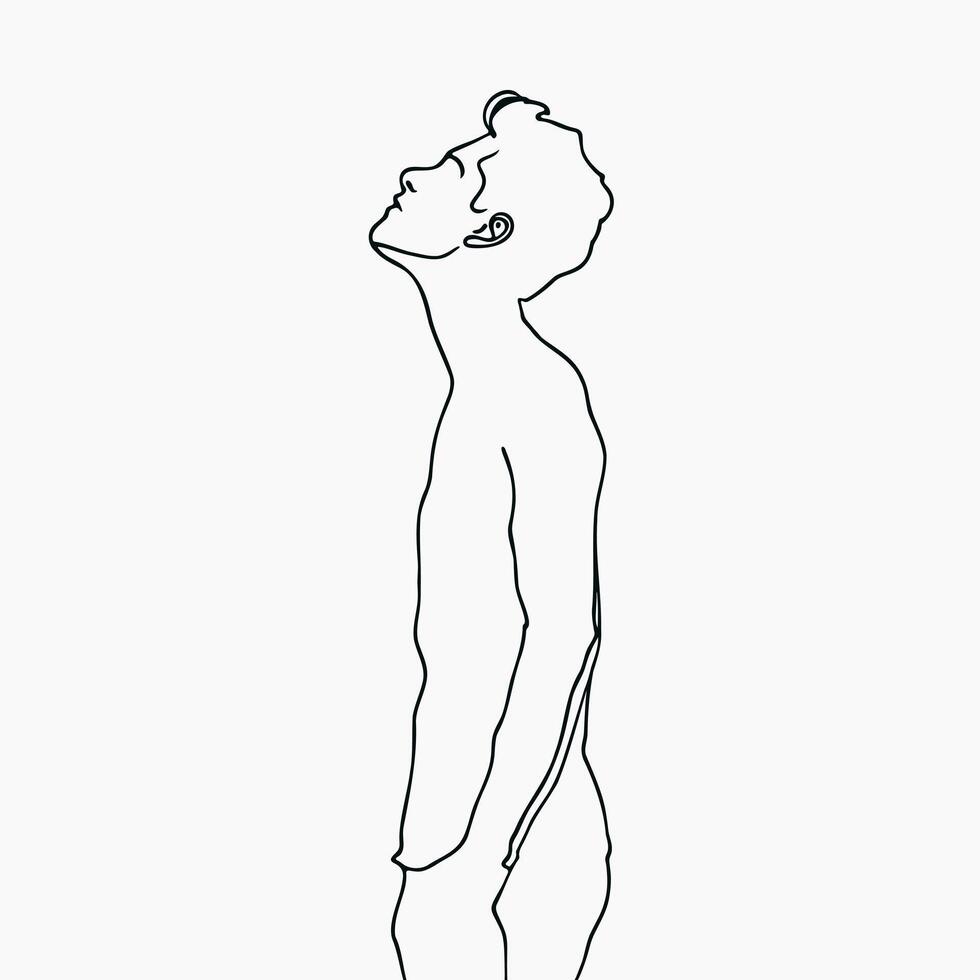 Abstract line male figure isolated on white background. Minimal outline man looks up and dreams vector