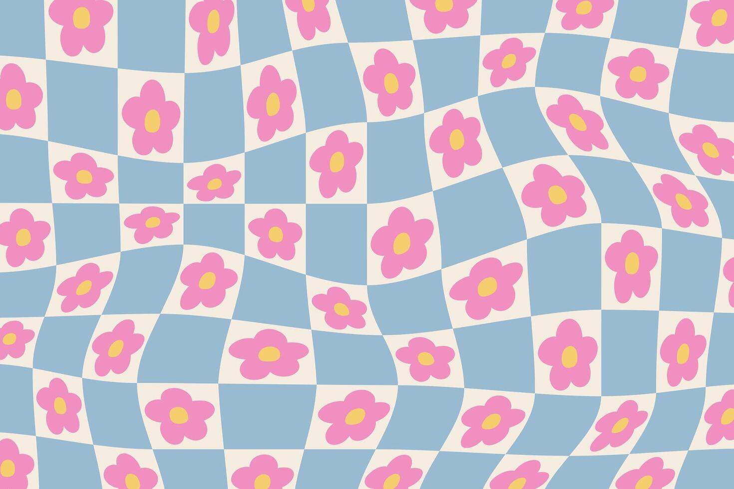 Groovy checkered pattern with daisy flowers. Trippy retro background in 60s-70s hippie aesthetic vector