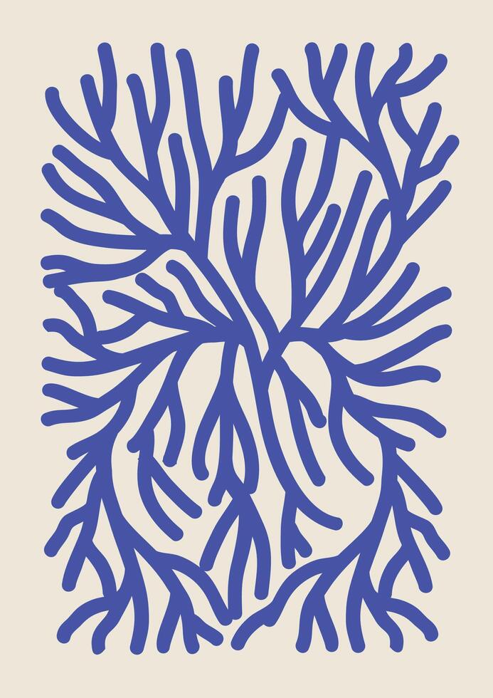 Botanical wall art blue coral branch drawing. Aesthetic doodle underwater 2d shapes. vector