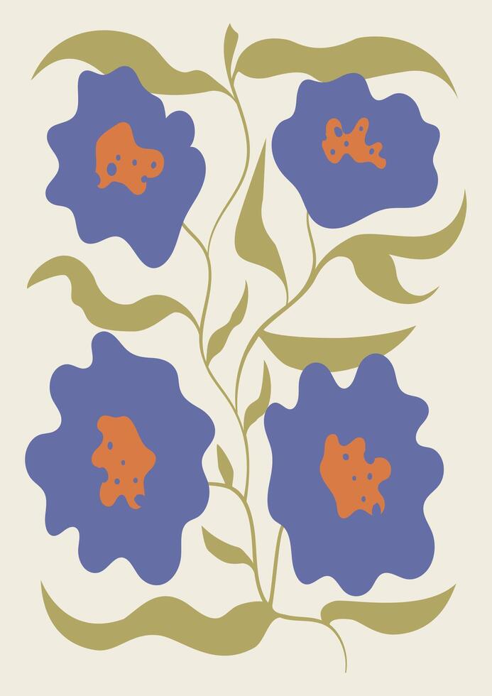 Daisy flower blooming branch abstract illustration. Drawing of minimal abstract organic shapes vector