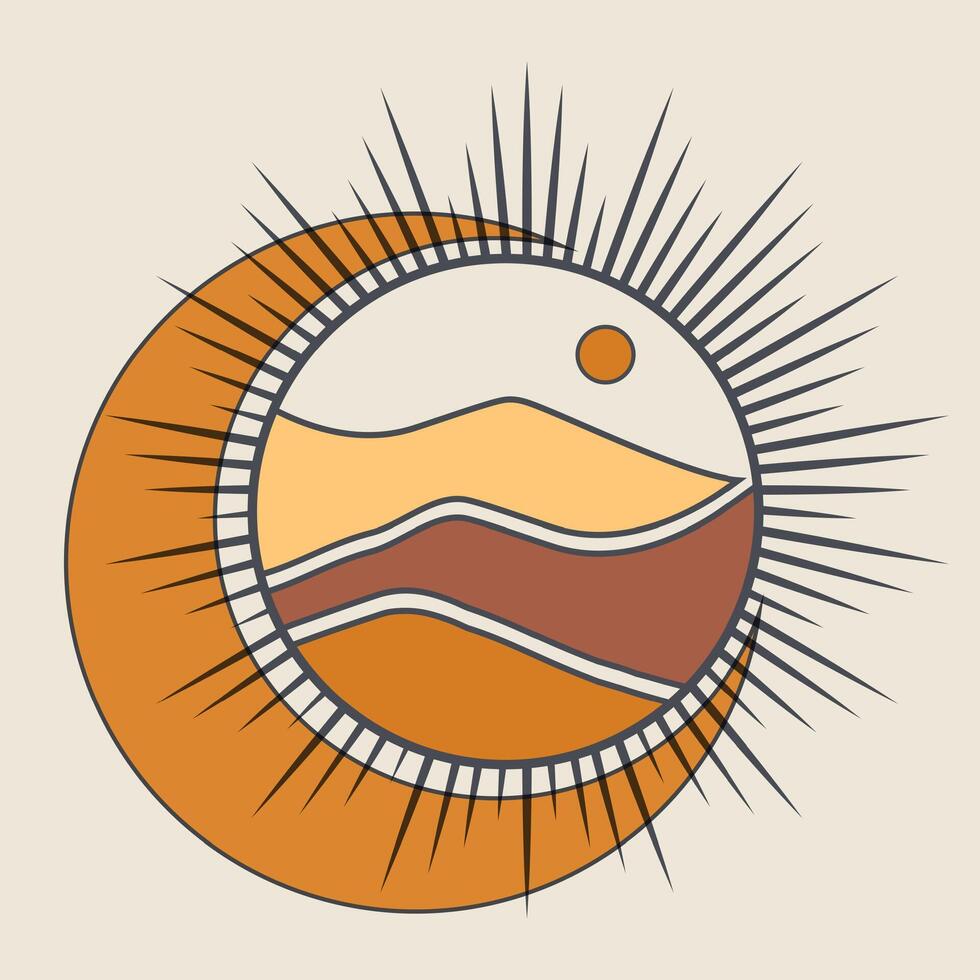 Mystical drawing of moon and valley badge design. Sand, sunset landscape aesthetic outline icon vector