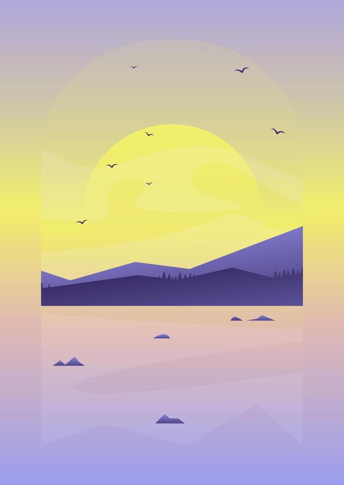 Morning landscape view with spring sea illustration. Massive rocks Alaska seaside. vector