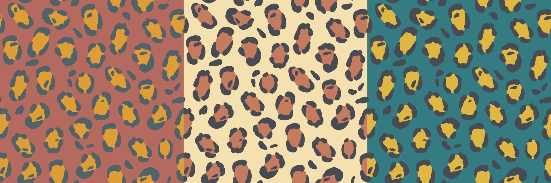 Abstract leopard fur seamless pattern set. Animals trendy background. Color decorative 2d art. vector