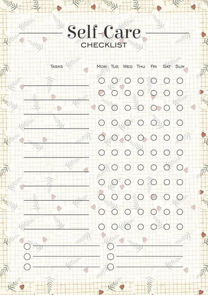 Business organizer floral spring paper sheet. Self care planner worksheet lovely template. vector