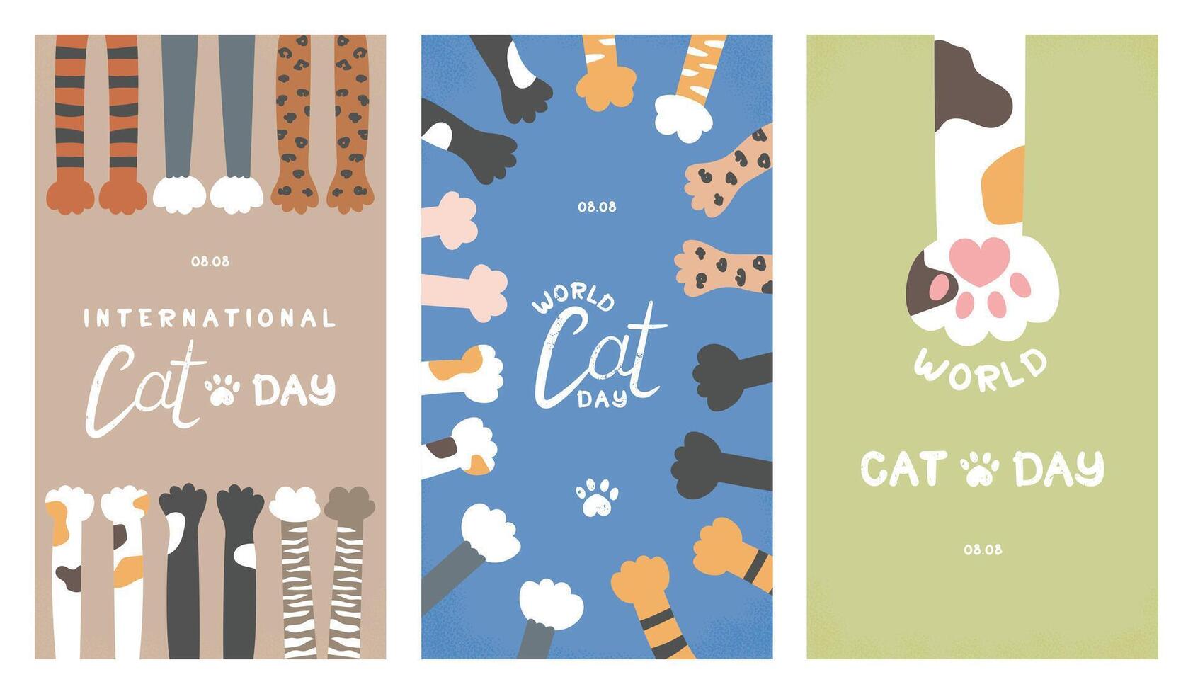 Set of images in story format for social media, with a greeting for World Cat Day. Cute cat paws of different colors and breeds. Bengal, sphynx, tabby, spotted, and solid-colored. vector