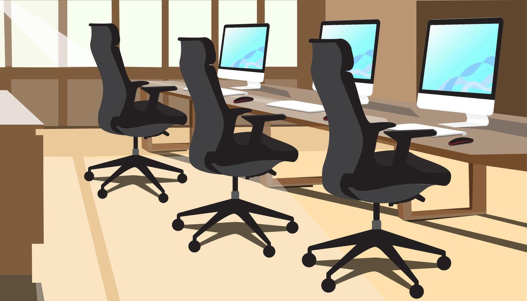 workspace with chairs and tables and computer devices vector