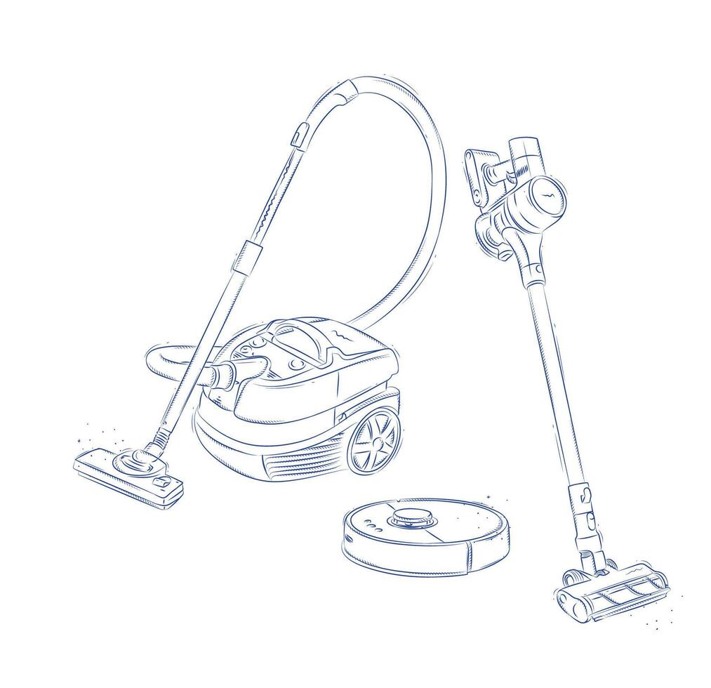 Vacuum cleaner types regular, cordless, robot drawing in graphic style on light background vector