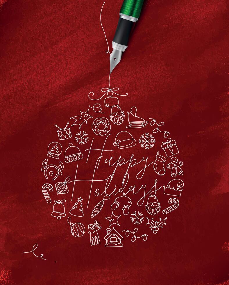 Christmas tree toy ball lettering happy holidays drawing with pen line on red background vector