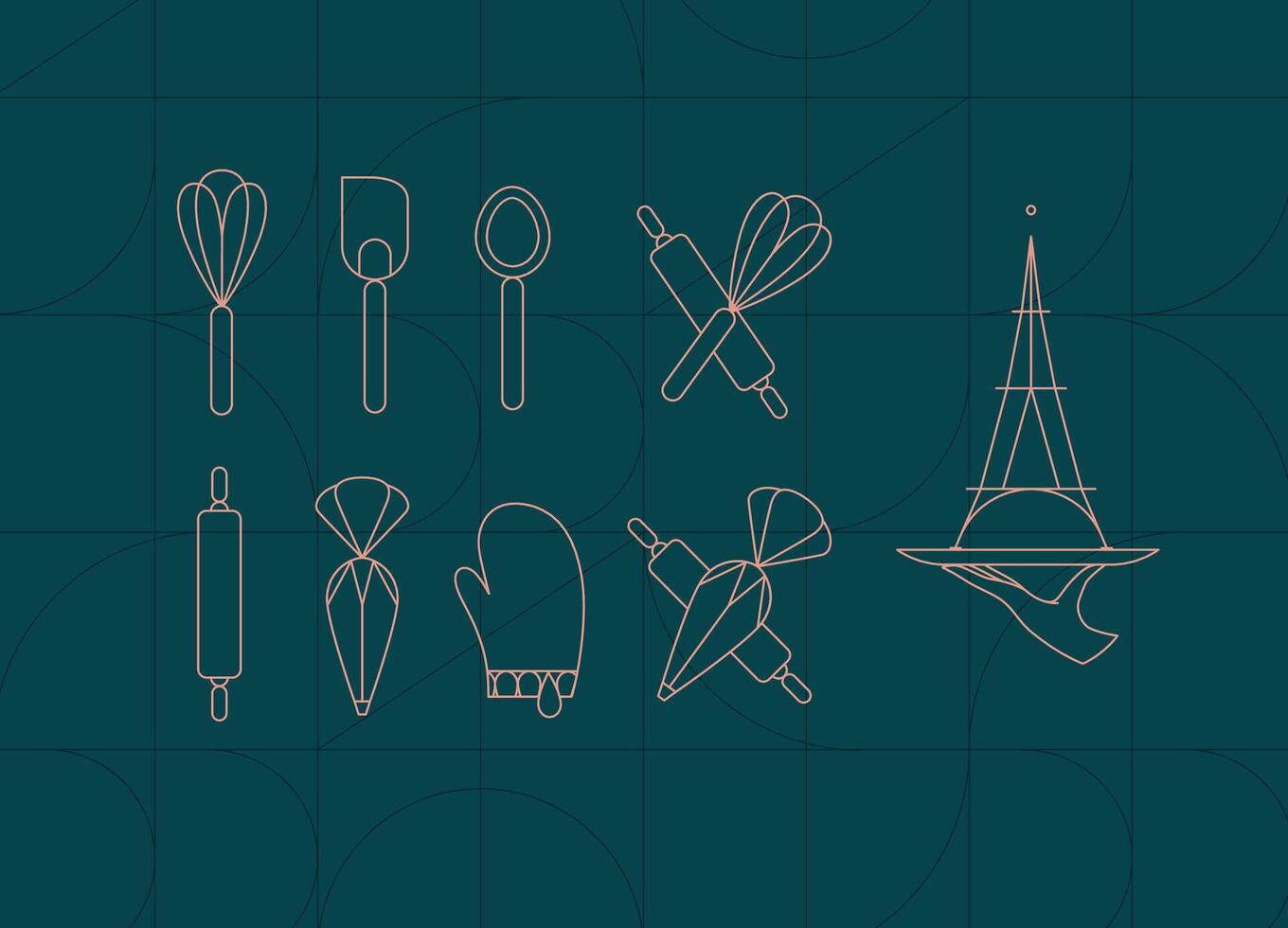 Kitchen utensils in art deco style to prepare bakery products whisk, spatula, measuring spoon, rolling pin, pastry bag, potholder, dish drawing on dark turquoise background vector