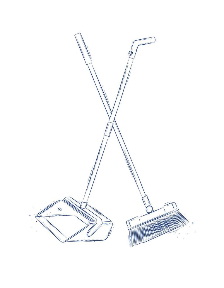 Flat broom and dustpan drawing in graphic style on light background vector