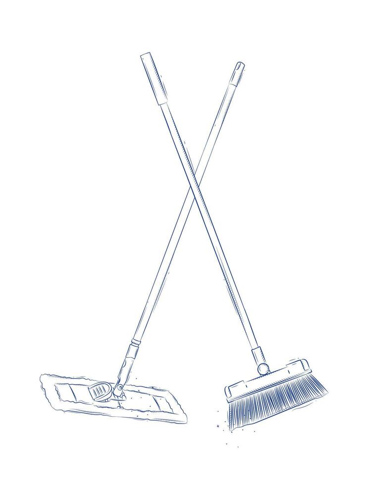 Flat mop and broom drawing in graphic style on light background vector