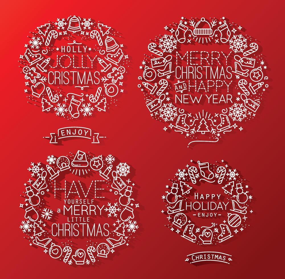 Decorative elements on Christmas theme for winter holidays in flat style, drawing with grey lines on red background vector