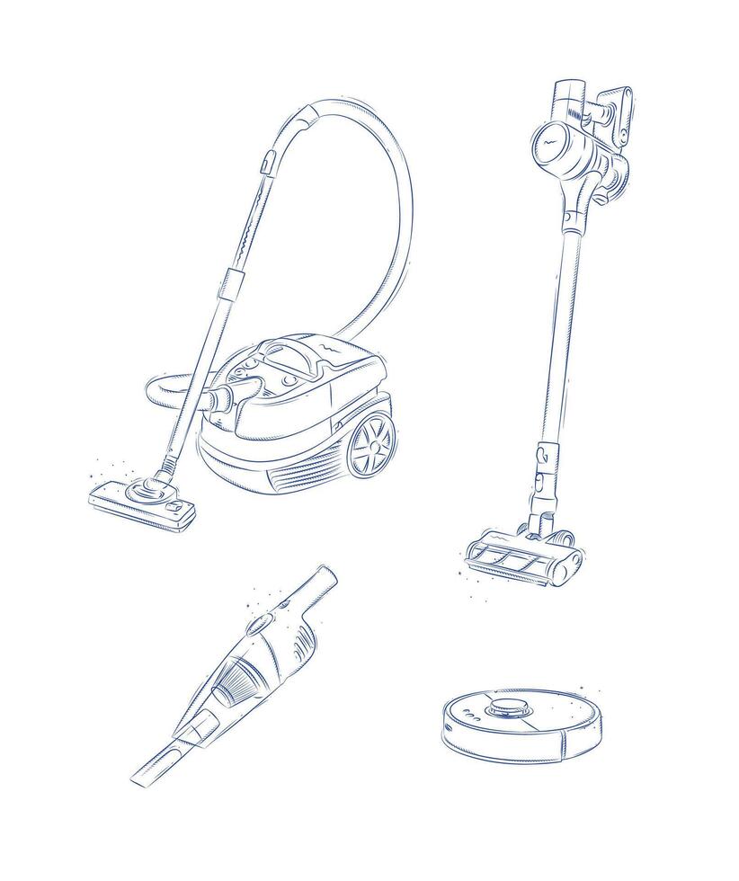 Vacuum cleaner set regular, cordless, robot, portable drawing in graphic style on light background vector