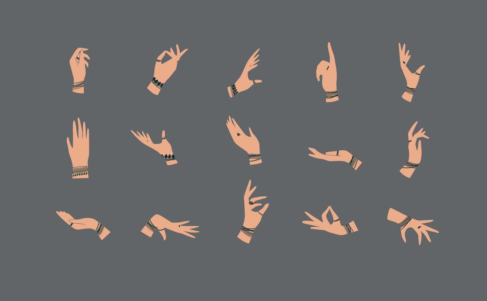 Hands with bracelets and rings in ethnical style in different positions to express feelings and emotions drawing on gray background vector