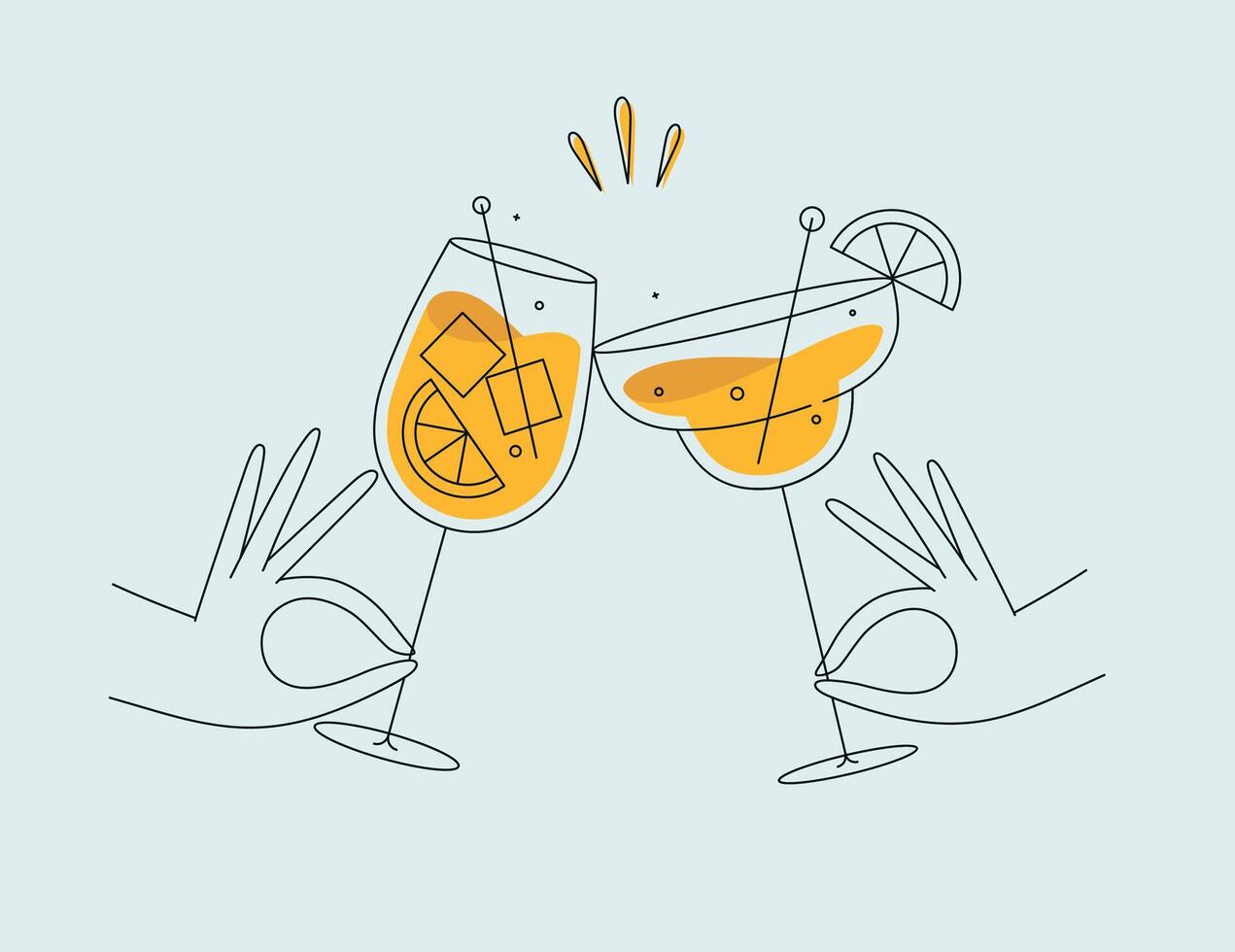 Hand holding margarita and sprits cocktails clinking glasses drawing in flat line style on light background vector