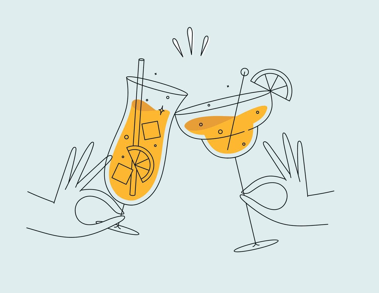 Hand holding pina colada and margarita cocktails clinking glasses drawing in flat line style on light background vector