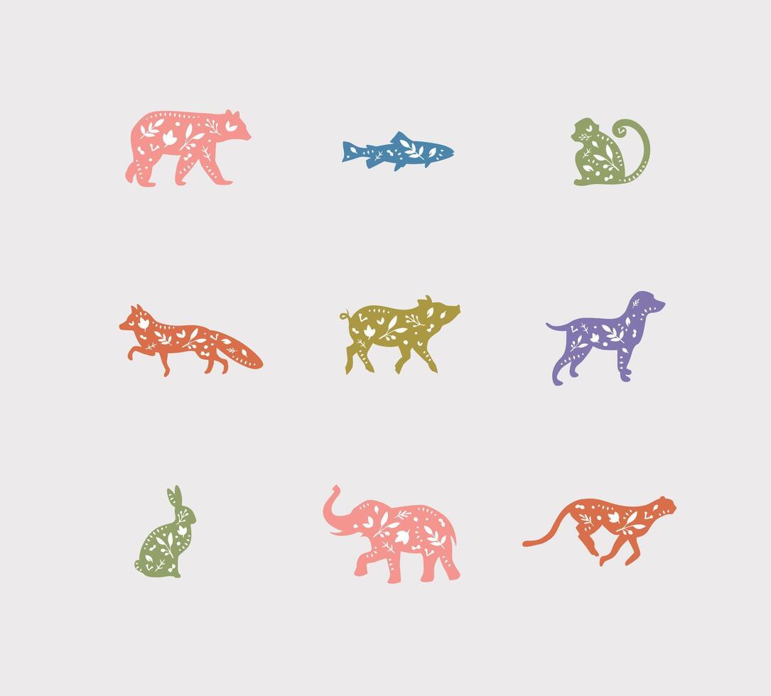 Set of animals floral graphic silhouettes bear, fish, monkey, fox, pig, dog, rabbit, elephant, cheetah drawing with color on dirty background vector
