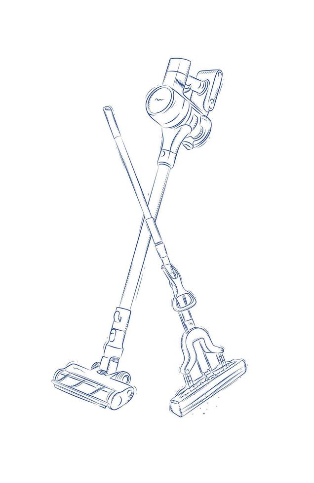 Cordless vacuum cleaner and sponge mop drawing in graphic style on light background vector