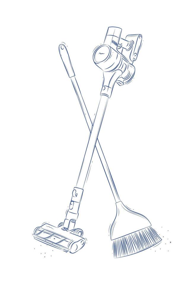 Cordless vacuum cleaner and flat broom drawing in graphic style on light background vector