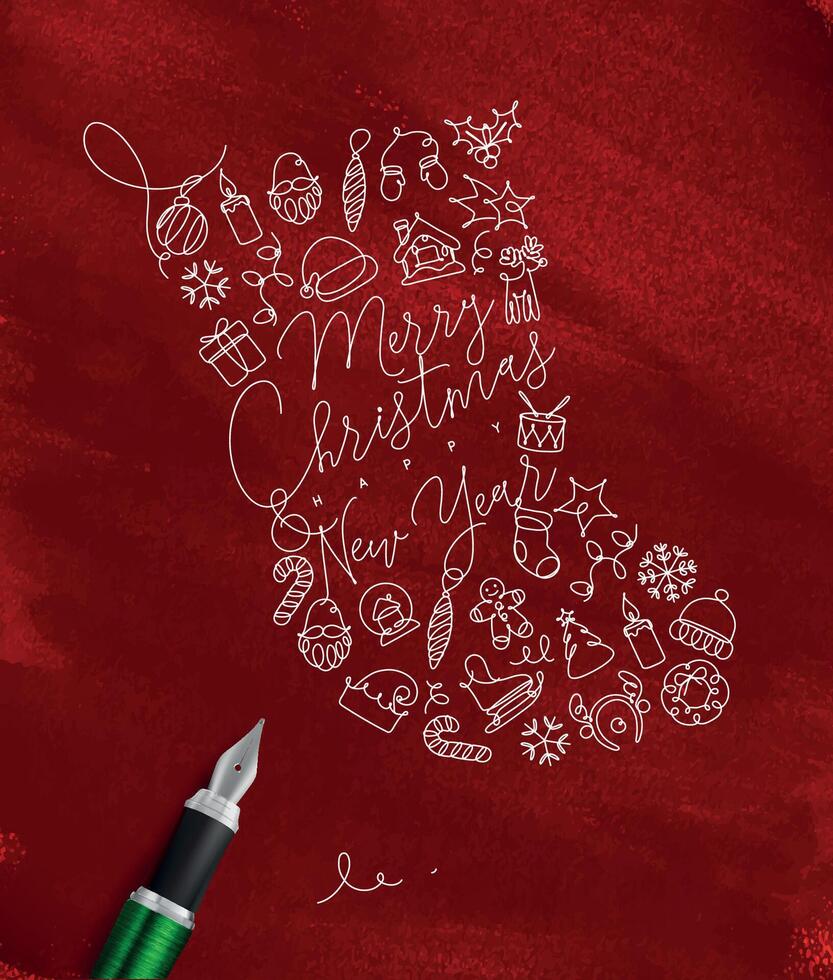 Toy socks lettering merry christmas and happy new year drawing with pen line on red background vector