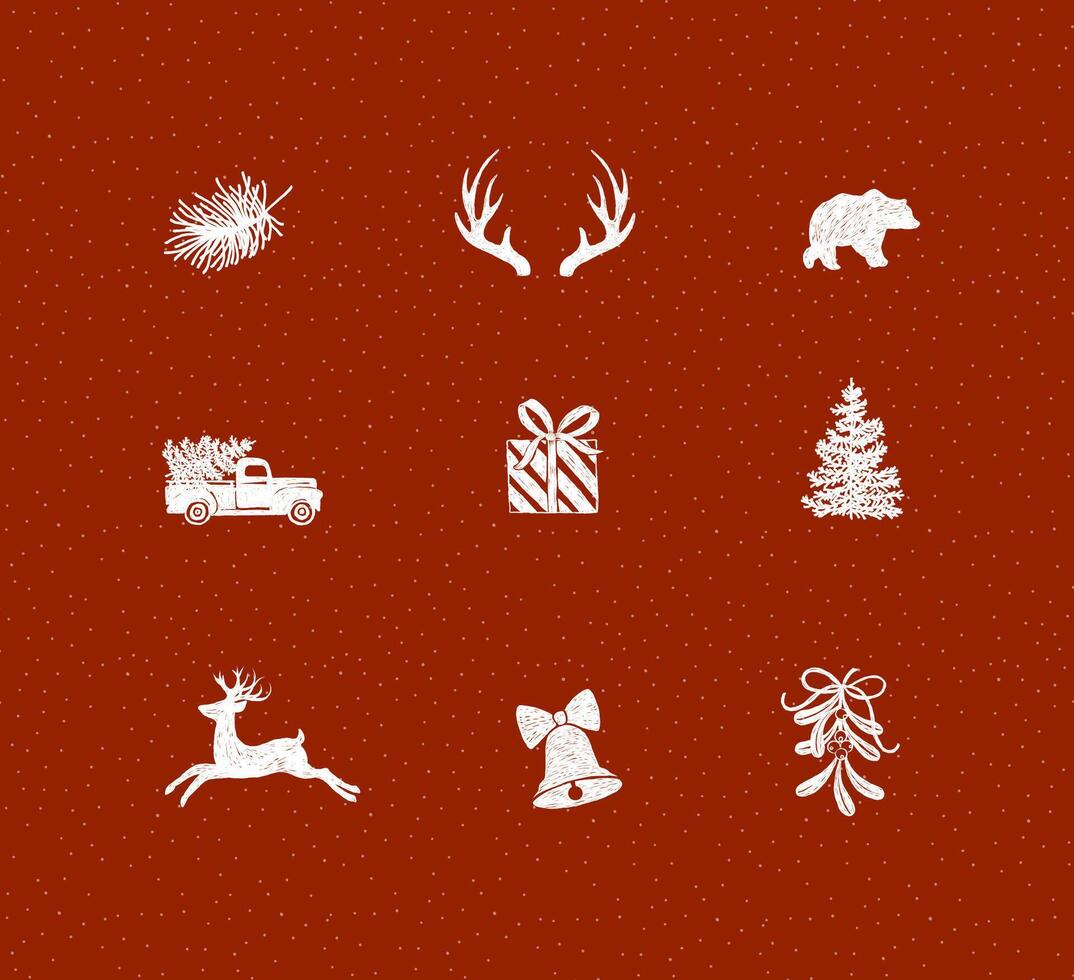 Set of decorative Christmas icon drawing in pen line style on red background. vector