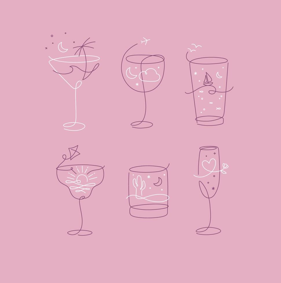 Cocktail glasses vacation holiday theme in line style drawing on pink background vector