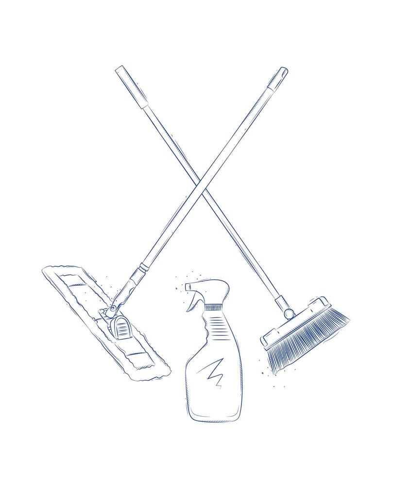 Flat mop, broom and glass cleaner drawing in graphic style on light background vector