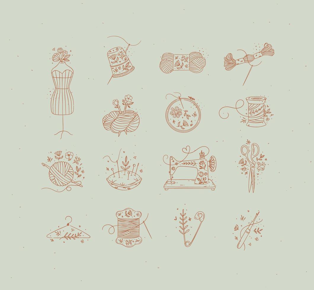 Sewing item icons scissors, mannequin, pin, thimble, wool, threads, yarn, skein, bobbin, pillow, sewing machine, hanger embroidery circle hook drawing in floral style on turquoise background vector