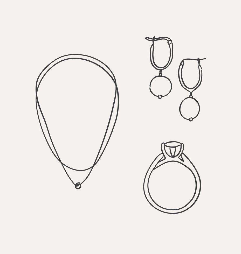 Women jewelry for daily use in handdrawing style on light color background. vector