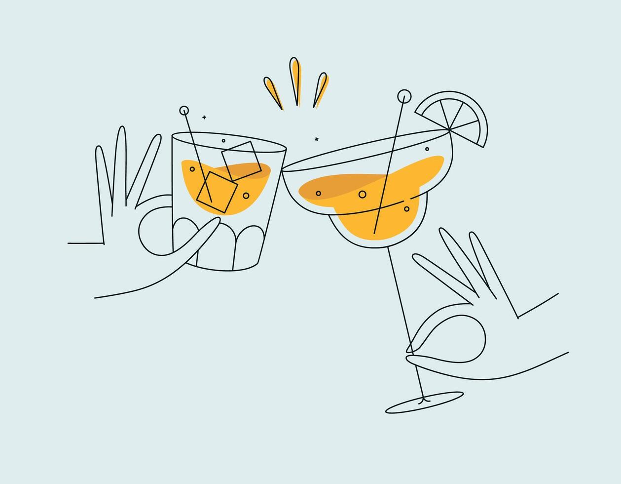Hand holding whiskey and margarita cocktails clinking glasses drawing in flat line style on light background vector