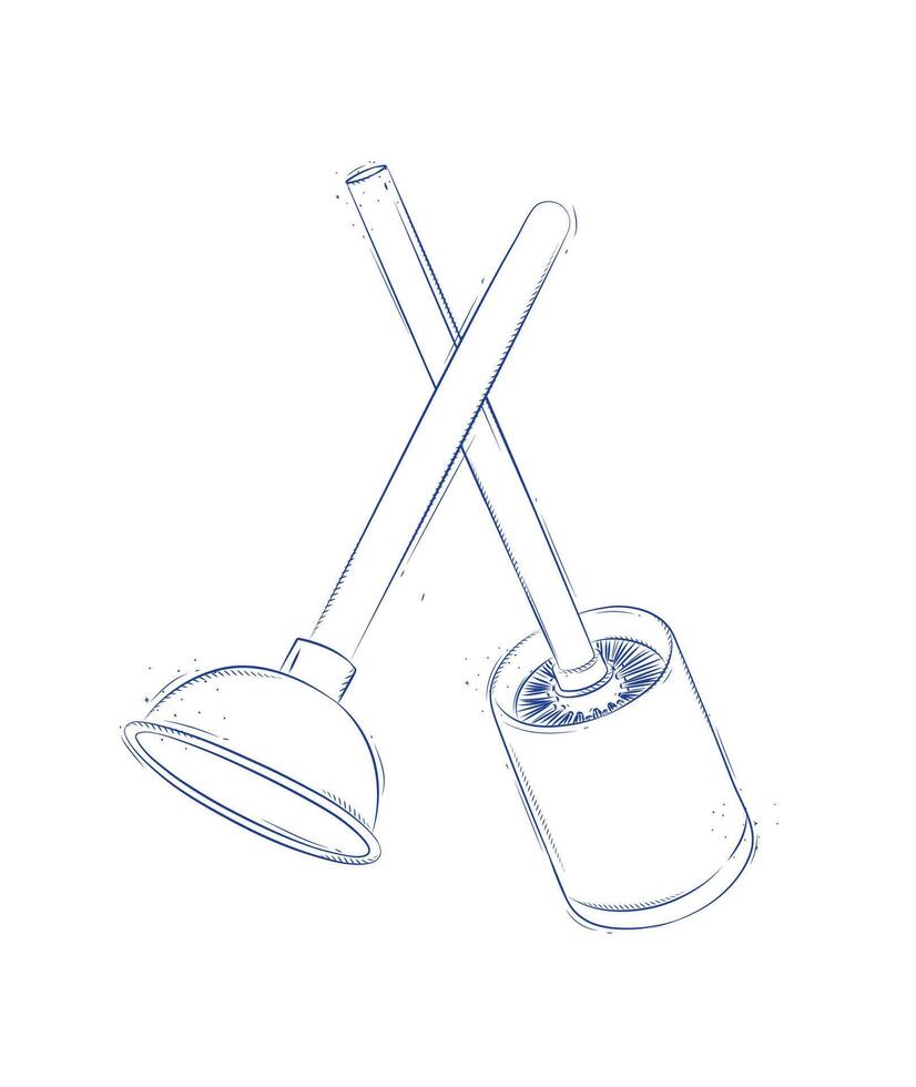 Cleaning tools toilet brush and plunger drawing in graphic style on light background vector