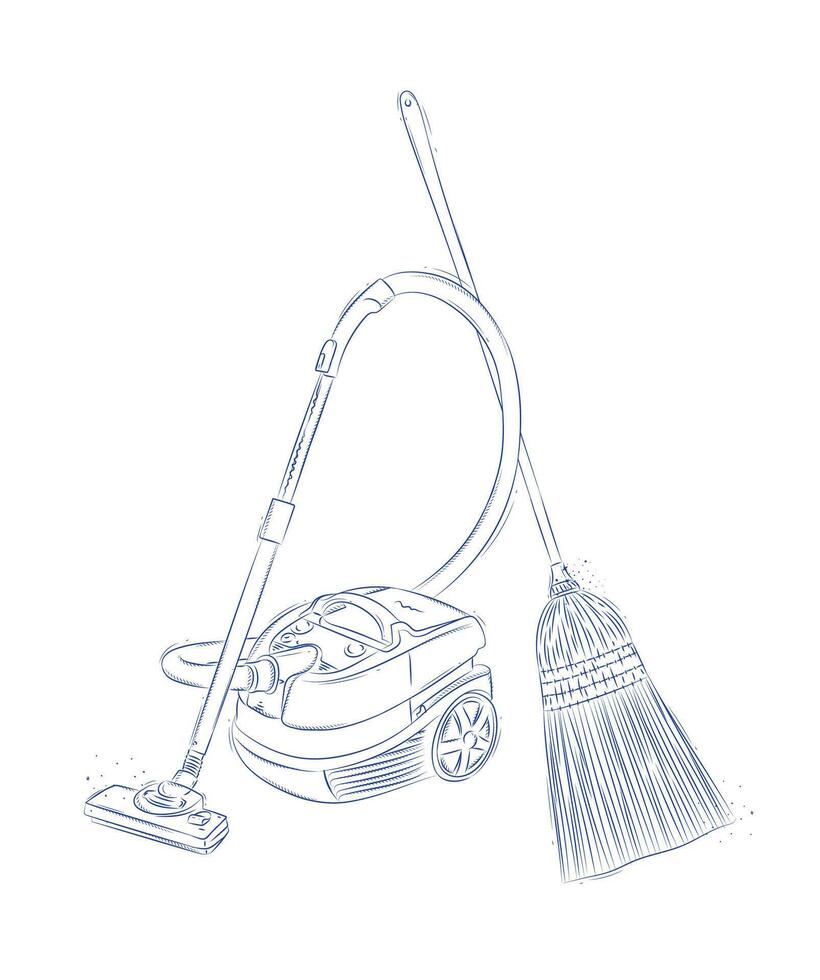 Vacuum cleaner and broom drawing in graphic style on light background vector