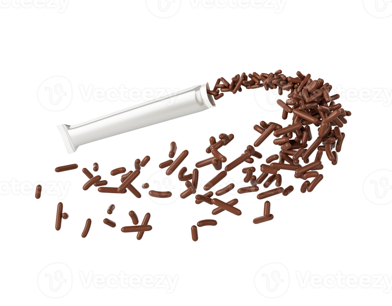 Chocolate Sprinkles Flowing Coming In The Air, Spilling Out From Silver Empty Packet 3D Illustration png