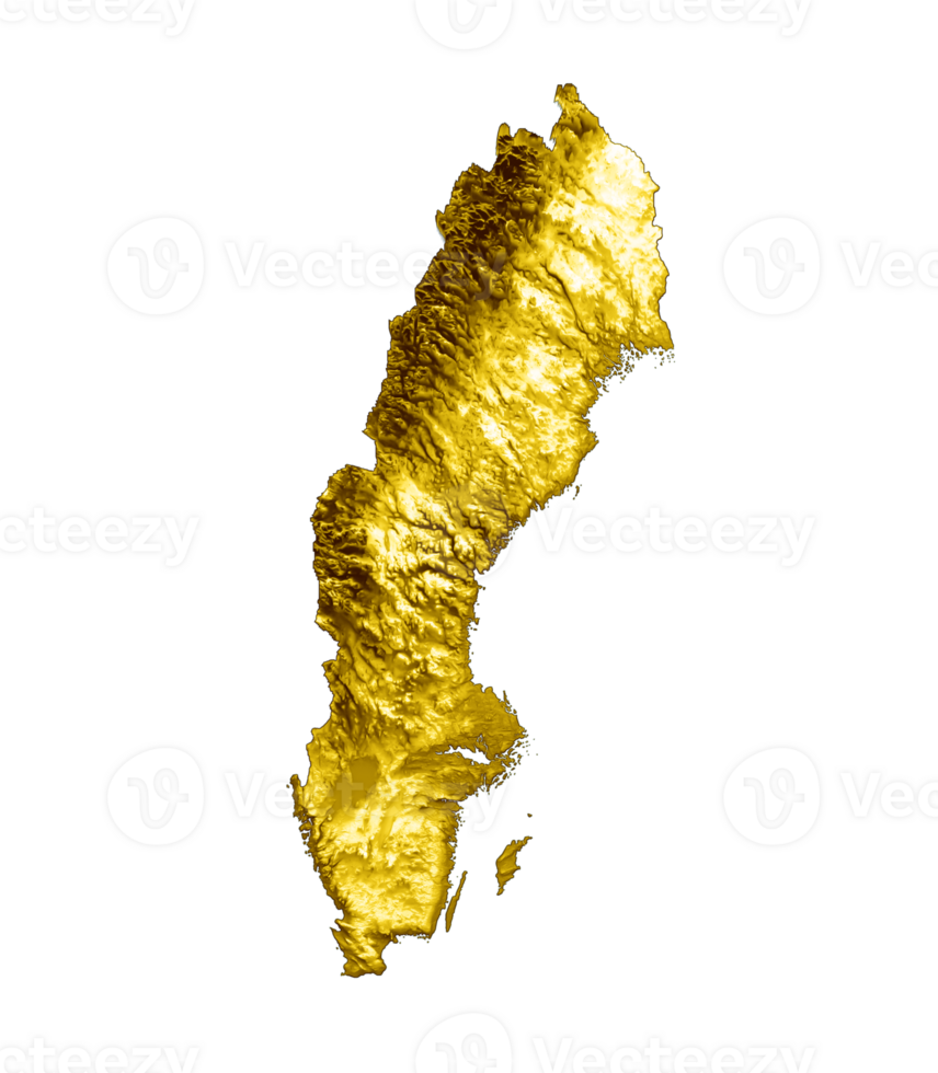 Sweden Map Golden metal Color Height map 3d illustration png