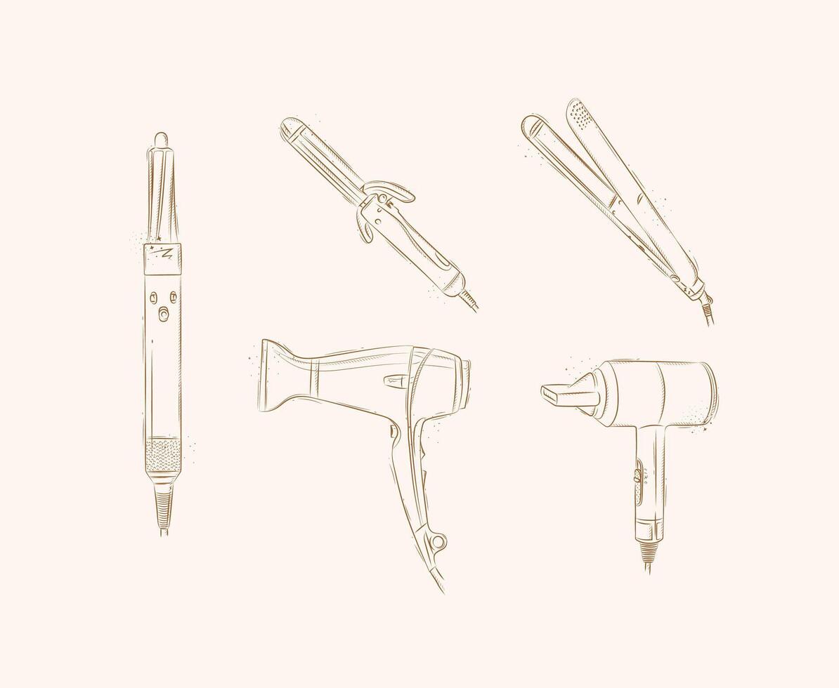 Hair straightener, curling iron, hairdryer collection for creating model drawing on brown background vector