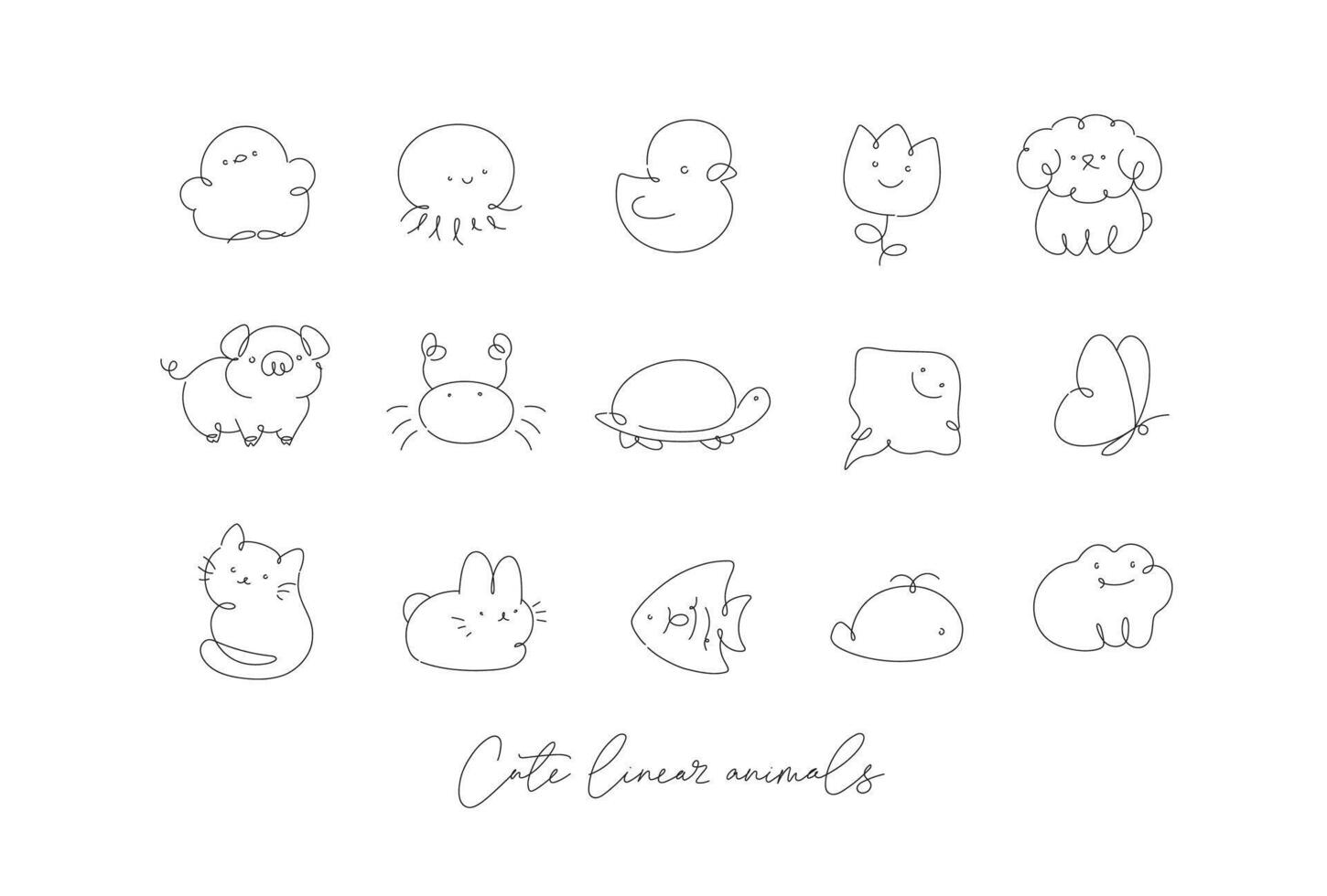 Cute animals drawing in line art style on white background vector