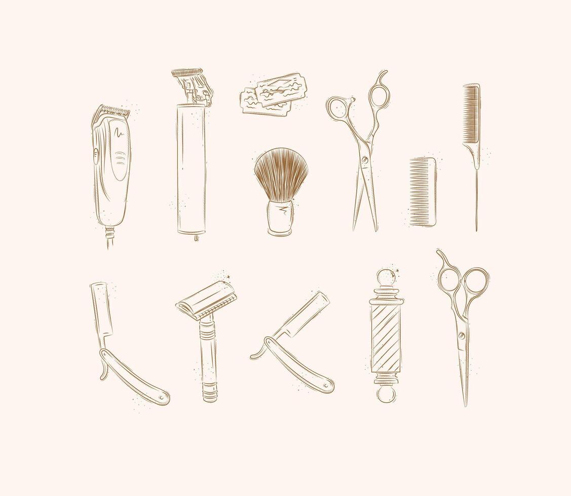 Barbershop collection with clipper, trimmer, blade, shaving brush, scissors, comb, straight razor, barber pole drawing on brown background vector
